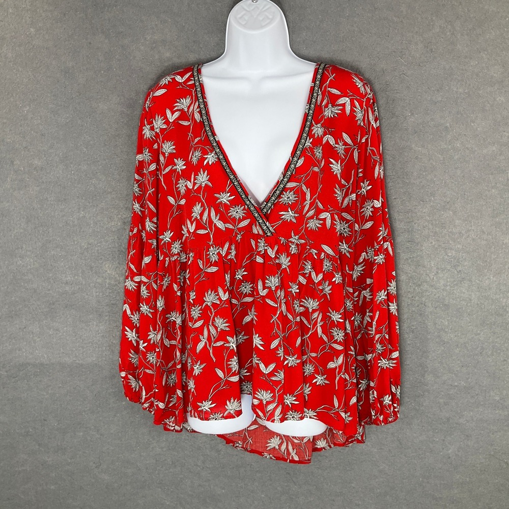 Ivy Jane Floral Blouse Red White Long Sleeve V-Neck Top Sz M Babydoll Feminine‎